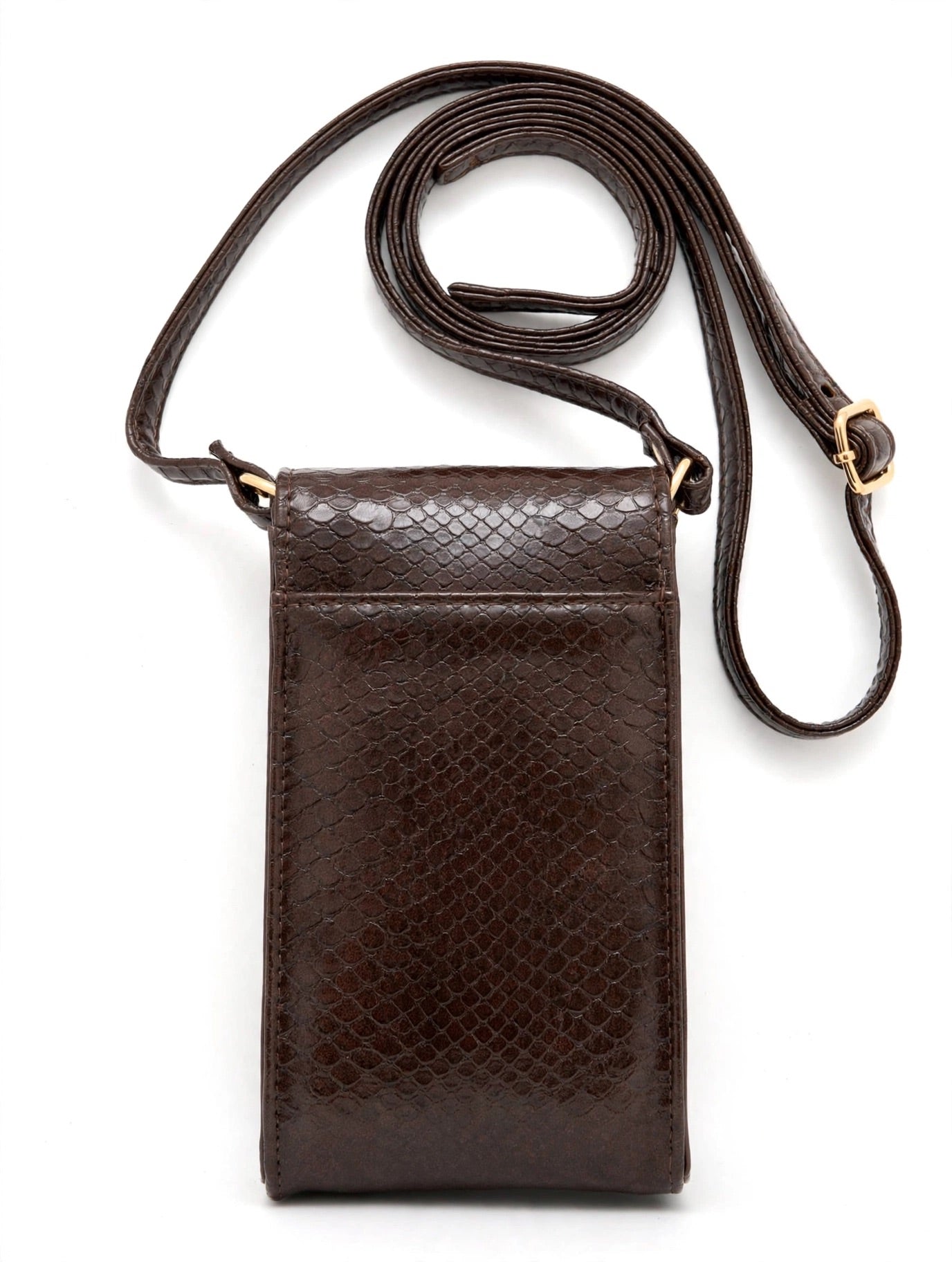 Brown Faux Leather  Phone Pouch Crossbody Bag - Gold Twist Lock