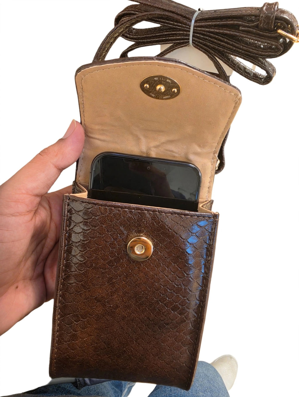 Brown Faux Leather  Phone Pouch Crossbody Bag - Gold Twist Lock