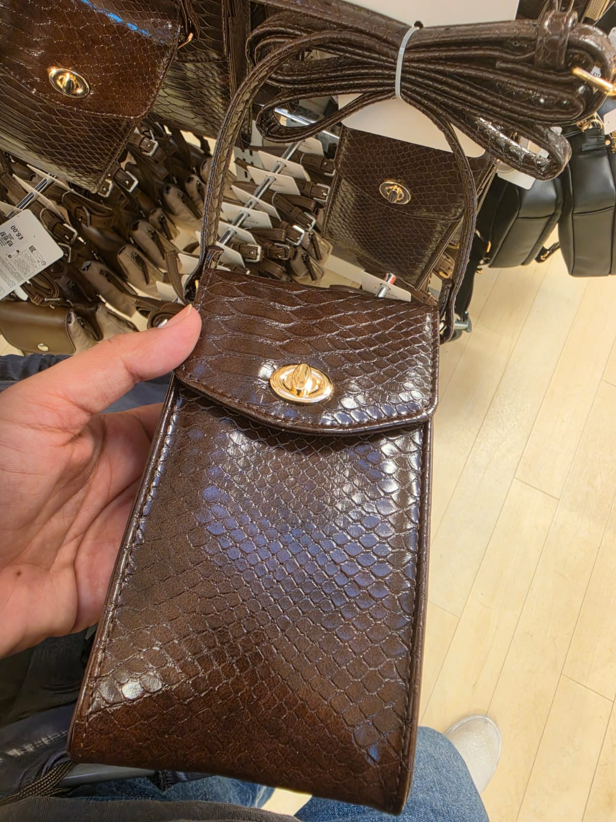 Brown Faux Leather  Phone Pouch Crossbody Bag - Gold Twist Lock