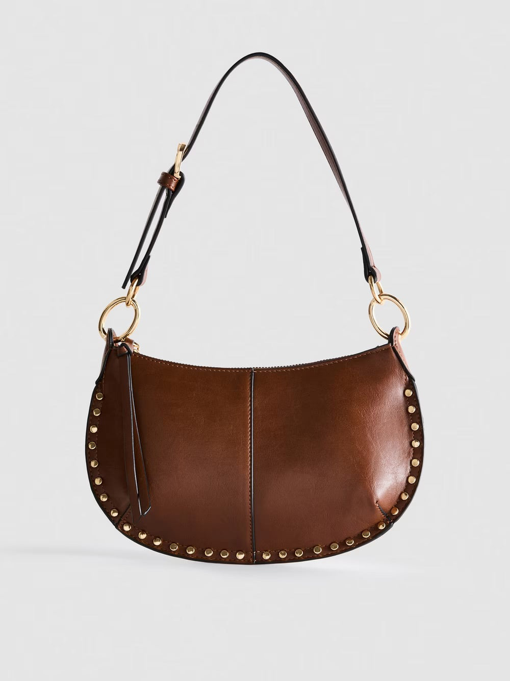 Brown Faux Leather Studded Crescent Shoulder Bag - Half Moon Hobo Bag With Gold Hardware