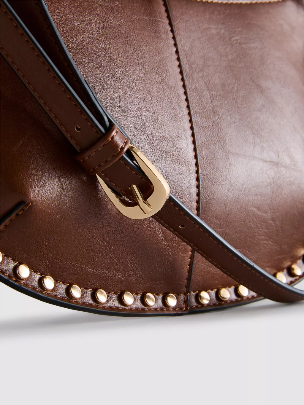 Brown Faux Leather Studded Crescent Shoulder Bag - Half Moon Hobo Bag With Gold Hardware