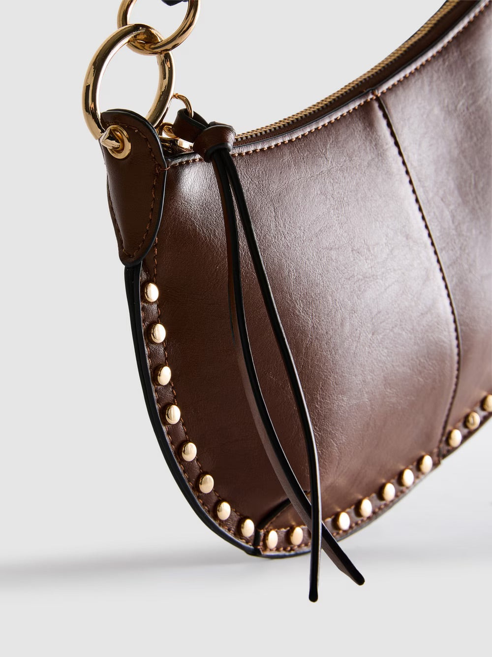 Brown Faux Leather Studded Crescent Shoulder Bag - Half Moon Hobo Bag With Gold Hardware