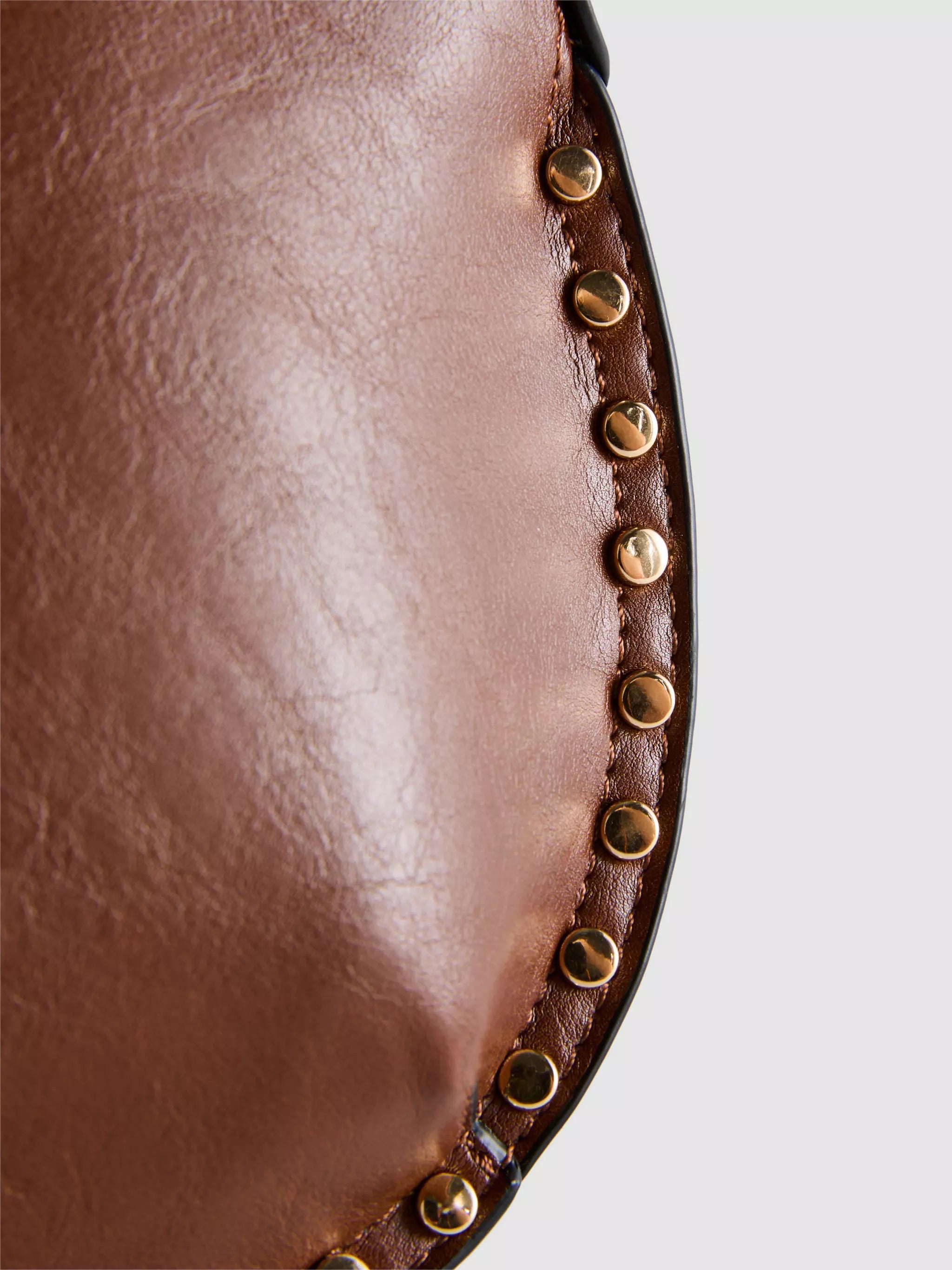 Brown Faux Leather Studded Crescent Shoulder Bag - Half Moon Hobo Bag With Gold Hardware